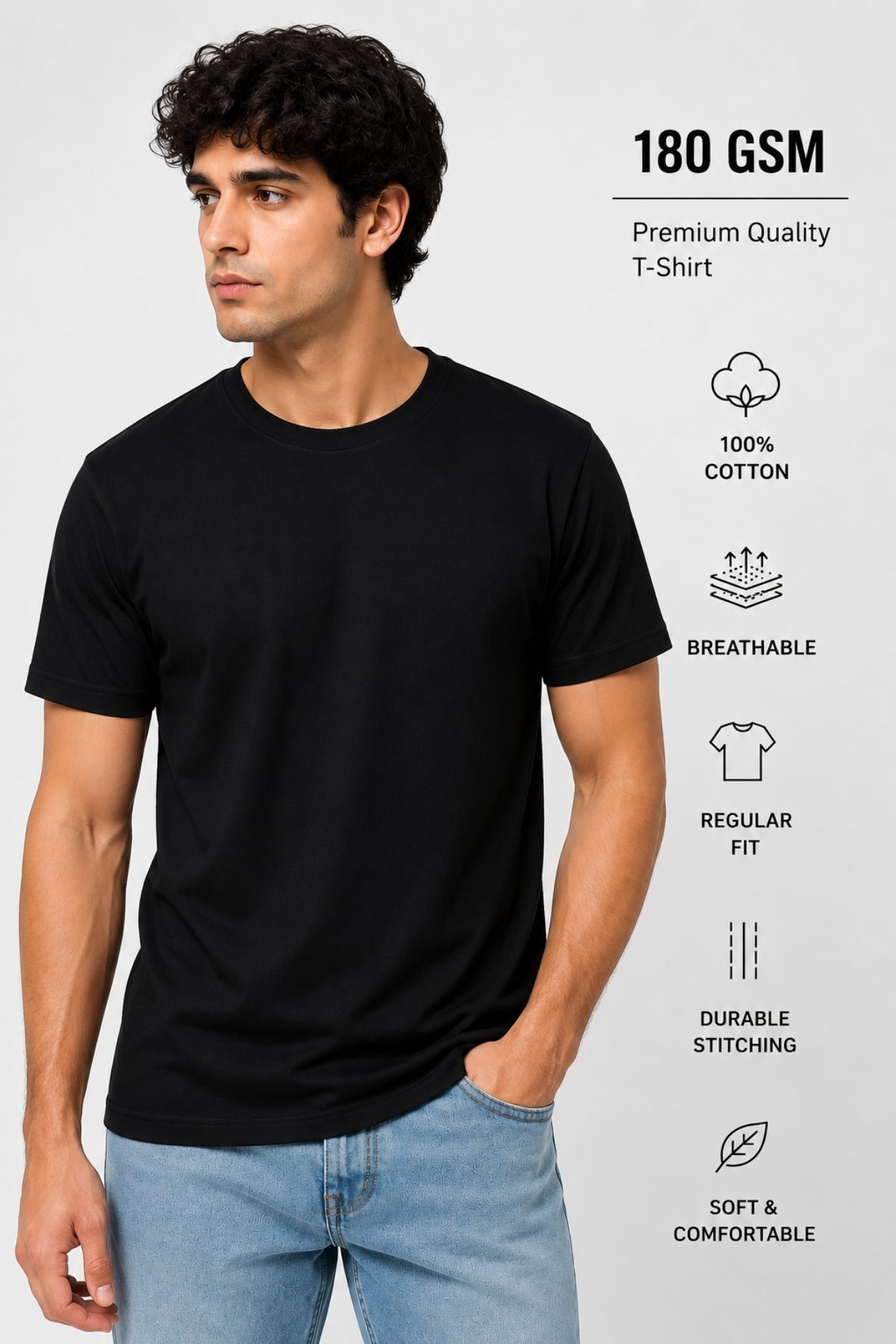 Premium 180 GSM 100% Cotton Regular Fit T-Shirt – White / Black / Navy Blue