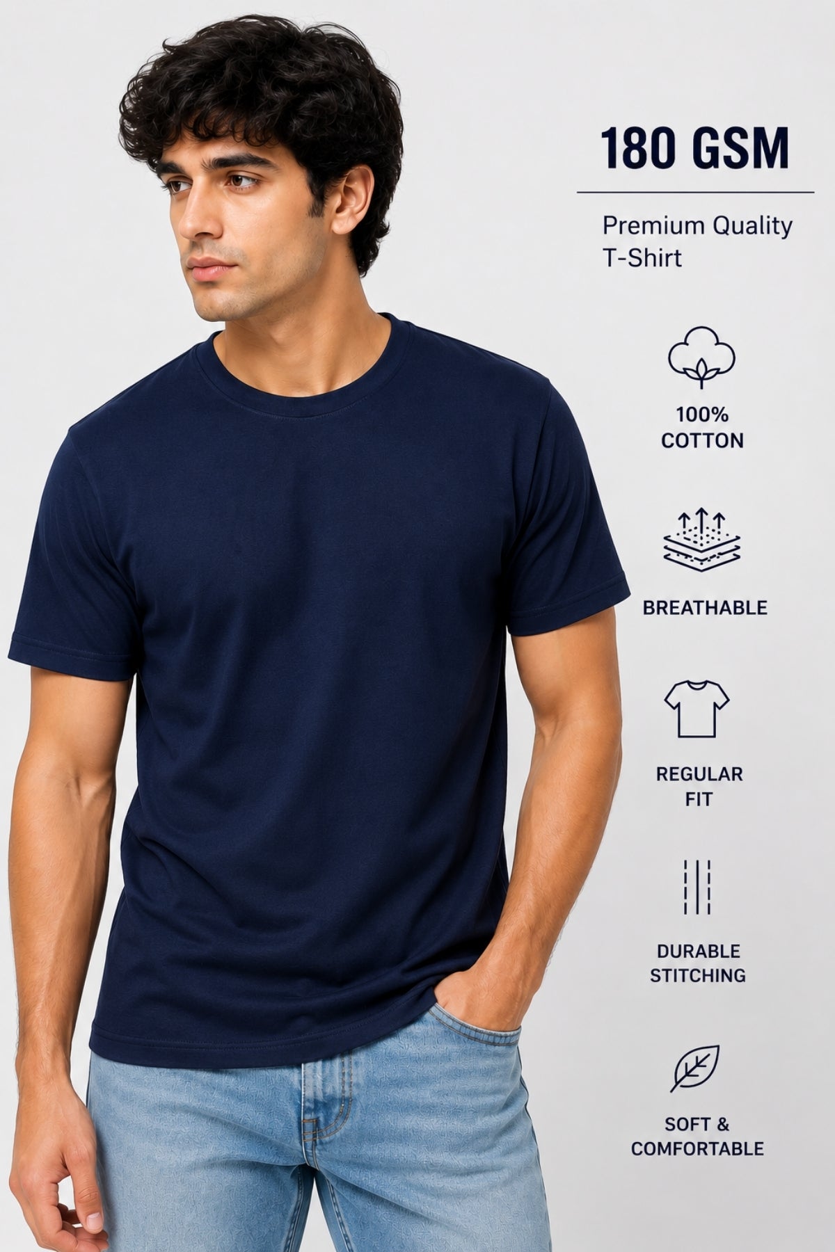 Premium 180 GSM 100% Cotton Regular Fit T-Shirt – White / Black / Navy Blue