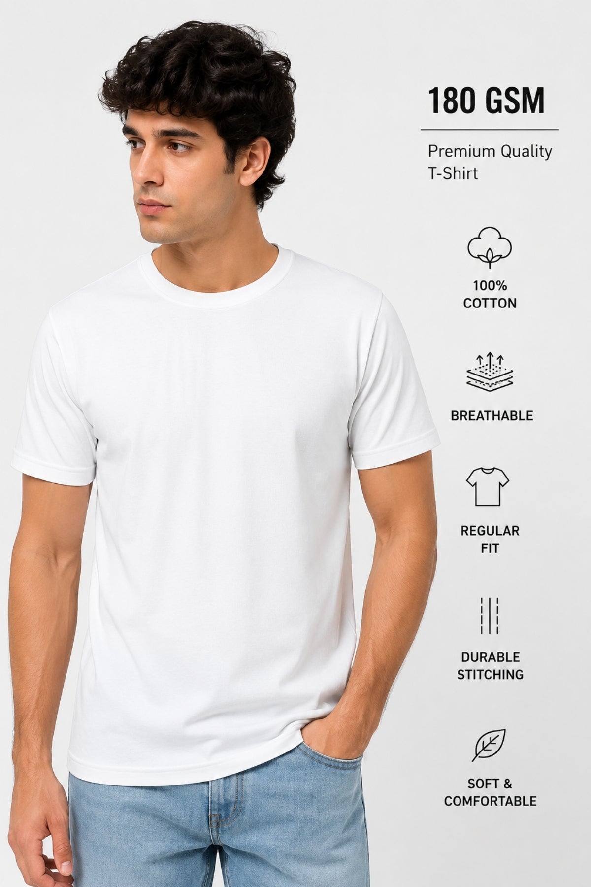 Premium 180 GSM 100% Cotton Regular Fit T-Shirt – White / Black / Navy Blue