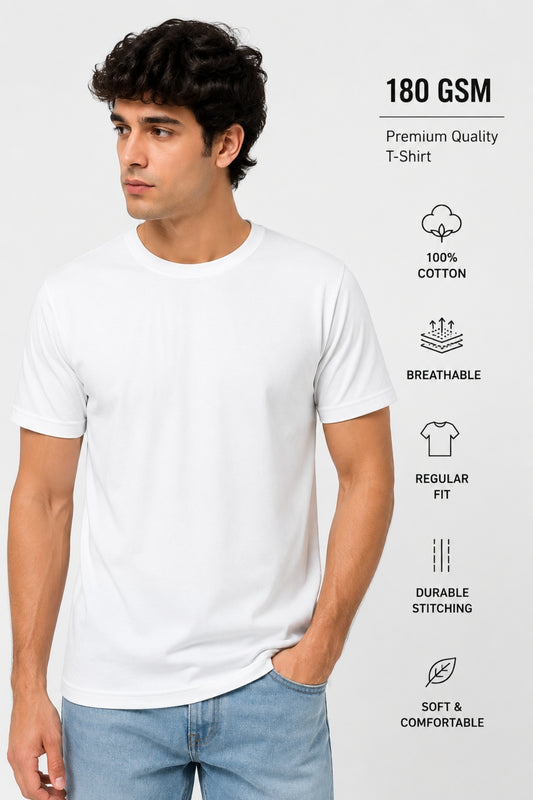 Premium 180 GSM 100% Cotton Regular Fit T-Shirt – White / Black / Navy Blue